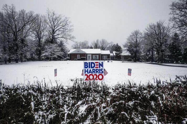 Garden poster in support of Biden in Scranton, Pennsylvania. Trump won the state by less than a percentage point in 2016, but Biden now has a five-point lead. Pennsylvania is expected to be the focus of this year's election.
