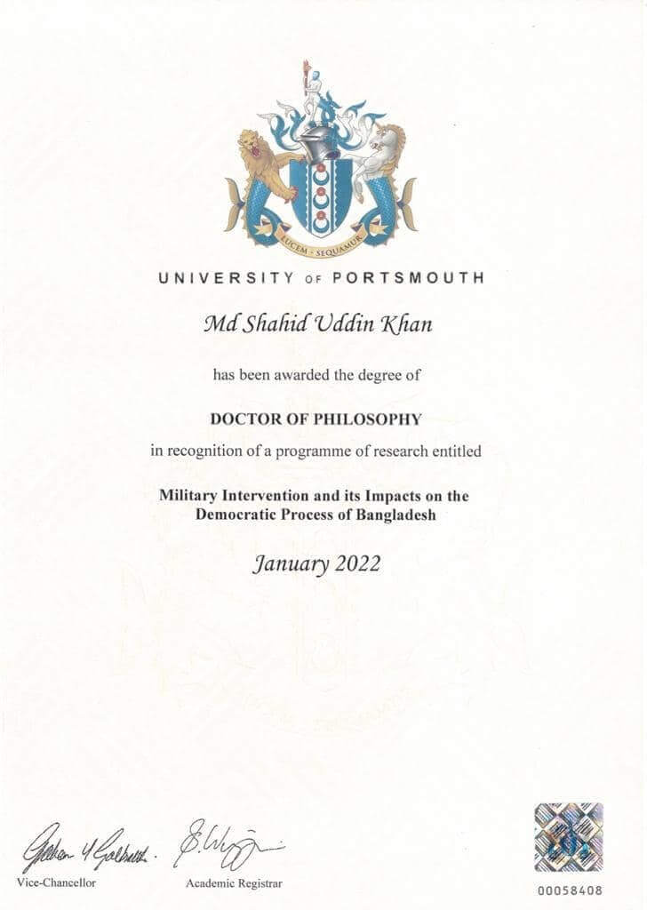 Shahid Uddin Khan fake phd degree from univeristy of portsmouth